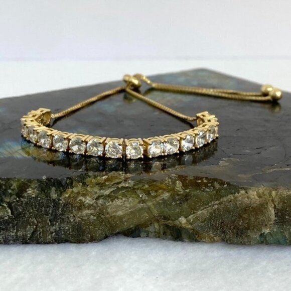 Sterling Silver 925 Yellow Gold Vermeil CZ Tennis Bracelet 6-8" Bolo Box Chain - Picture 3 of 16